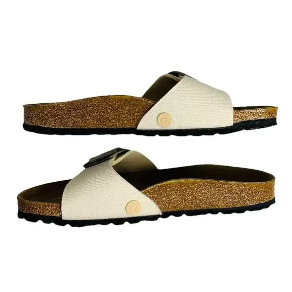 Birkenstock Madrid Big Buckle Rivet Logo 38 Narrow Canvas Eggshell Sandal NWOB - Picture 3 of 8